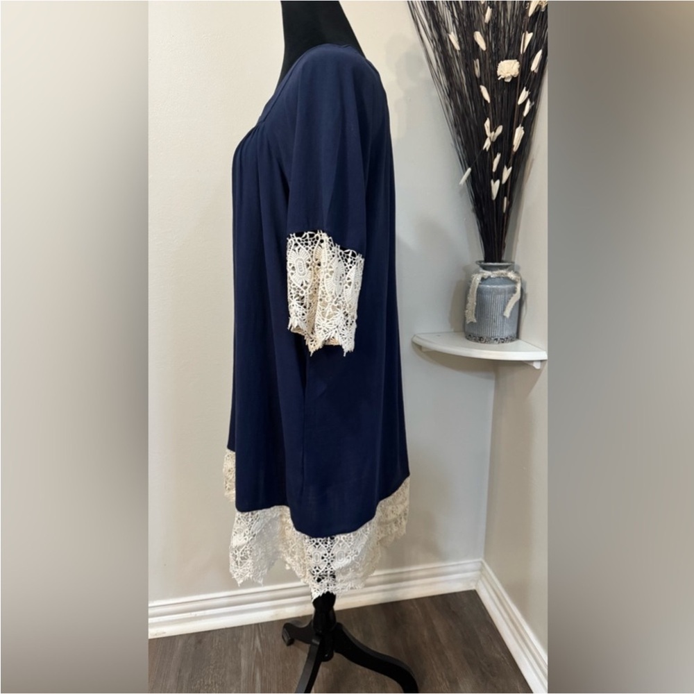 Umgee Navy Boho Tunic Dress with Crochet Trim – Size S - Picture 2 of 7
